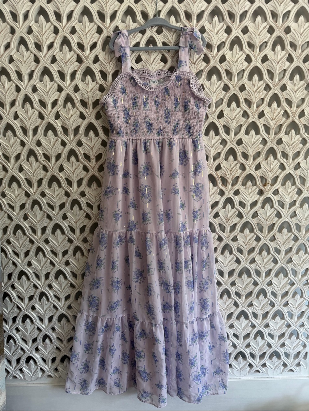 Rare Editions Girls XL 14/16 Purple Floral Maxi Dress Smocked Sequin